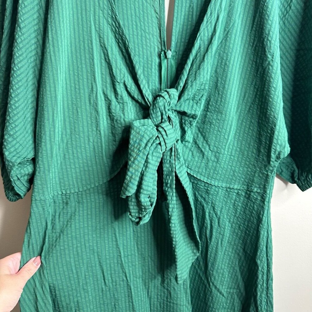 Mango MNG Midi Dress Womens XL Green Striped Boho Puff Sleeve Twist Wrap Tie - Picture 6 of 14